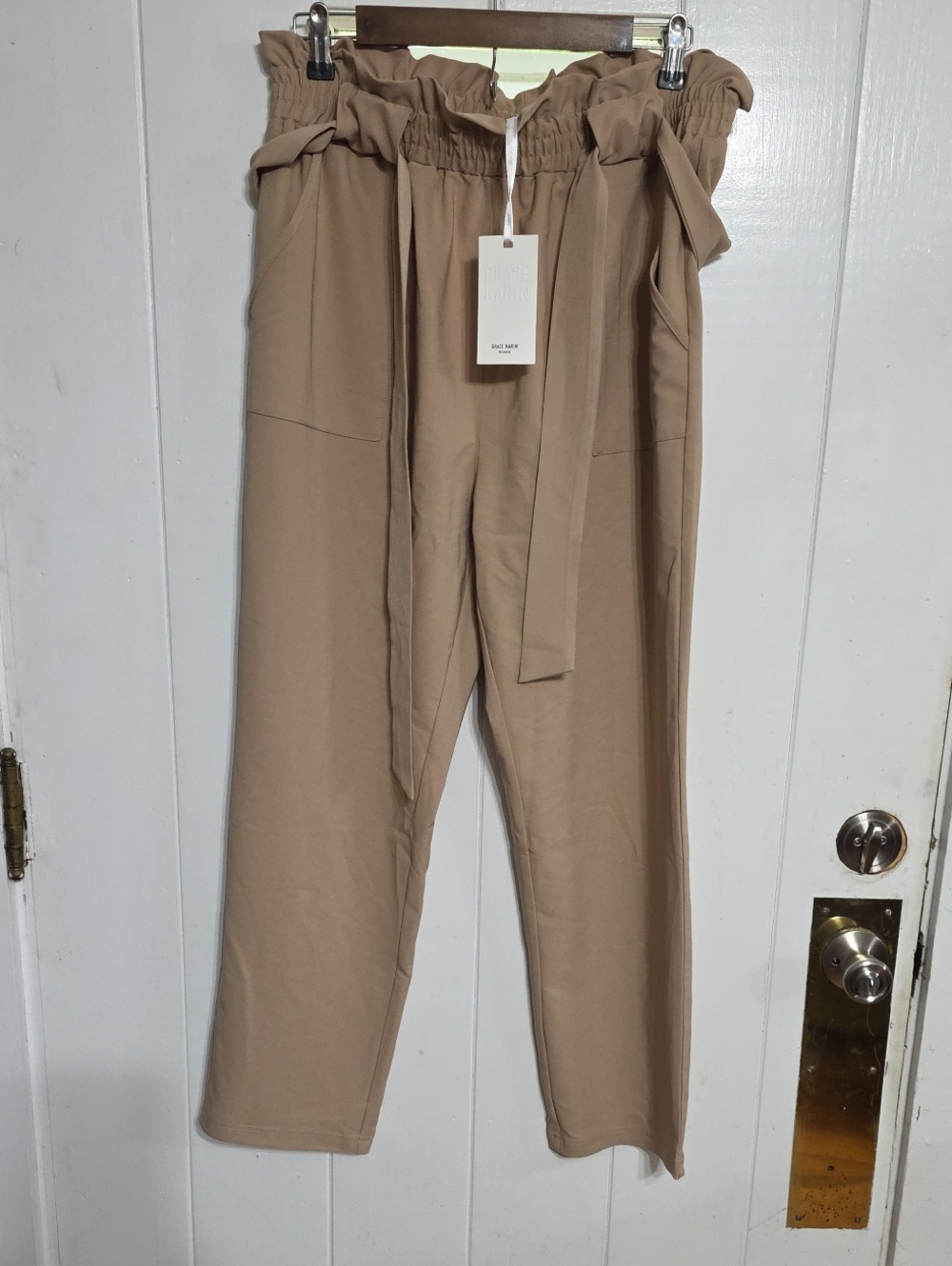 NWT Grace Karin Women's Dress Pants Tan Elastic Paperbag Waist Ties Sz 2XL